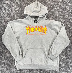 Thrasher Hoodie Men's Medium Gray Fleece Long Sleeves Skateboard Flames